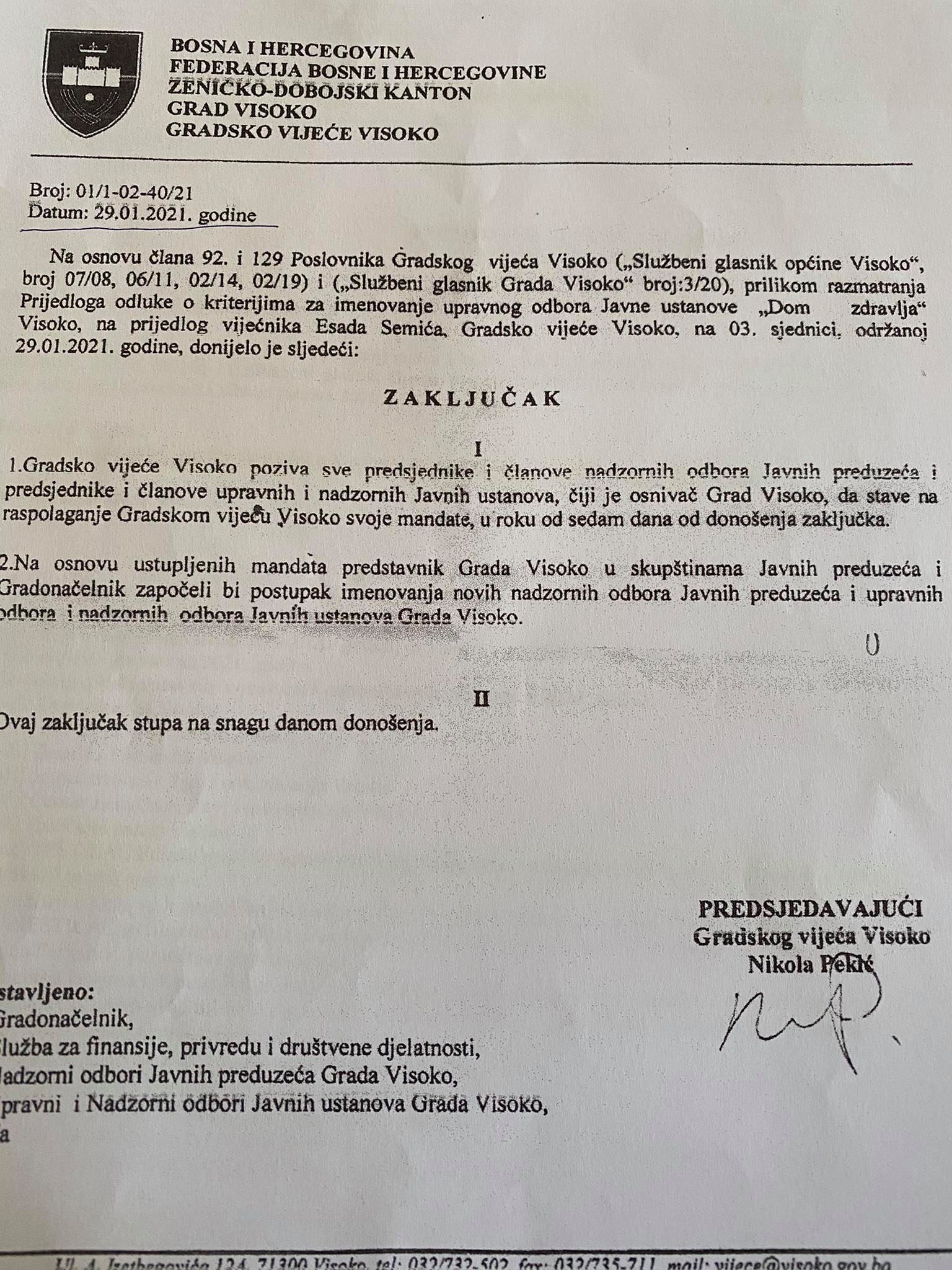 Zakljucak Gradsko vijece Visoko